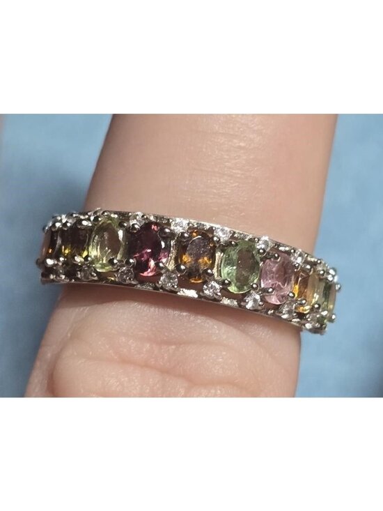 925 Sterling Silver Jewelry - DK Sterling Silver Multi Color Tourmaline Band Ring Size 7